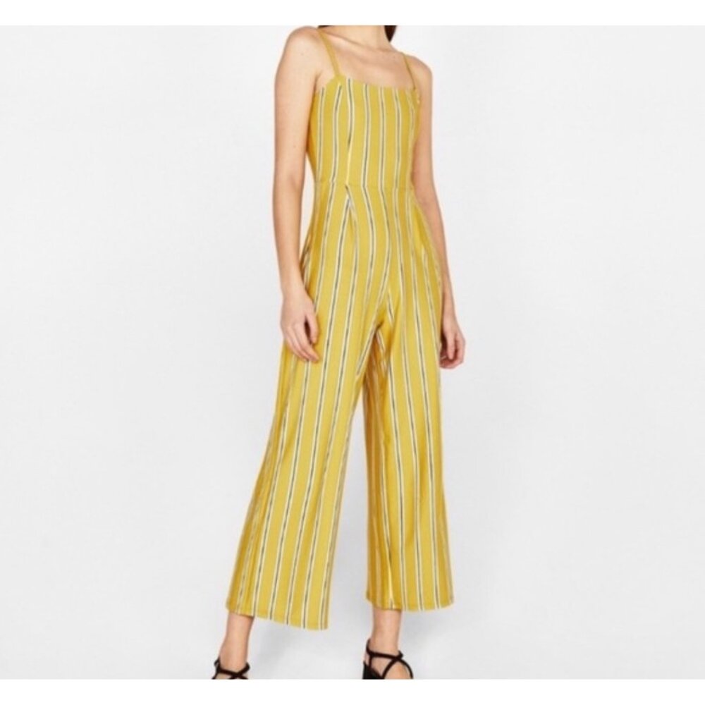 Bershka Women's Striped Jumpsuit Sz S Mustard Yellow White Black Palazzo Hem